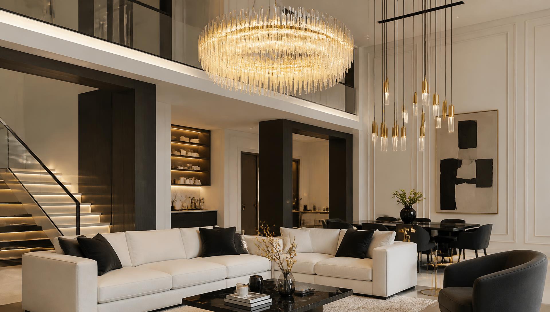 Architectural crystal lighting in a modern lounge