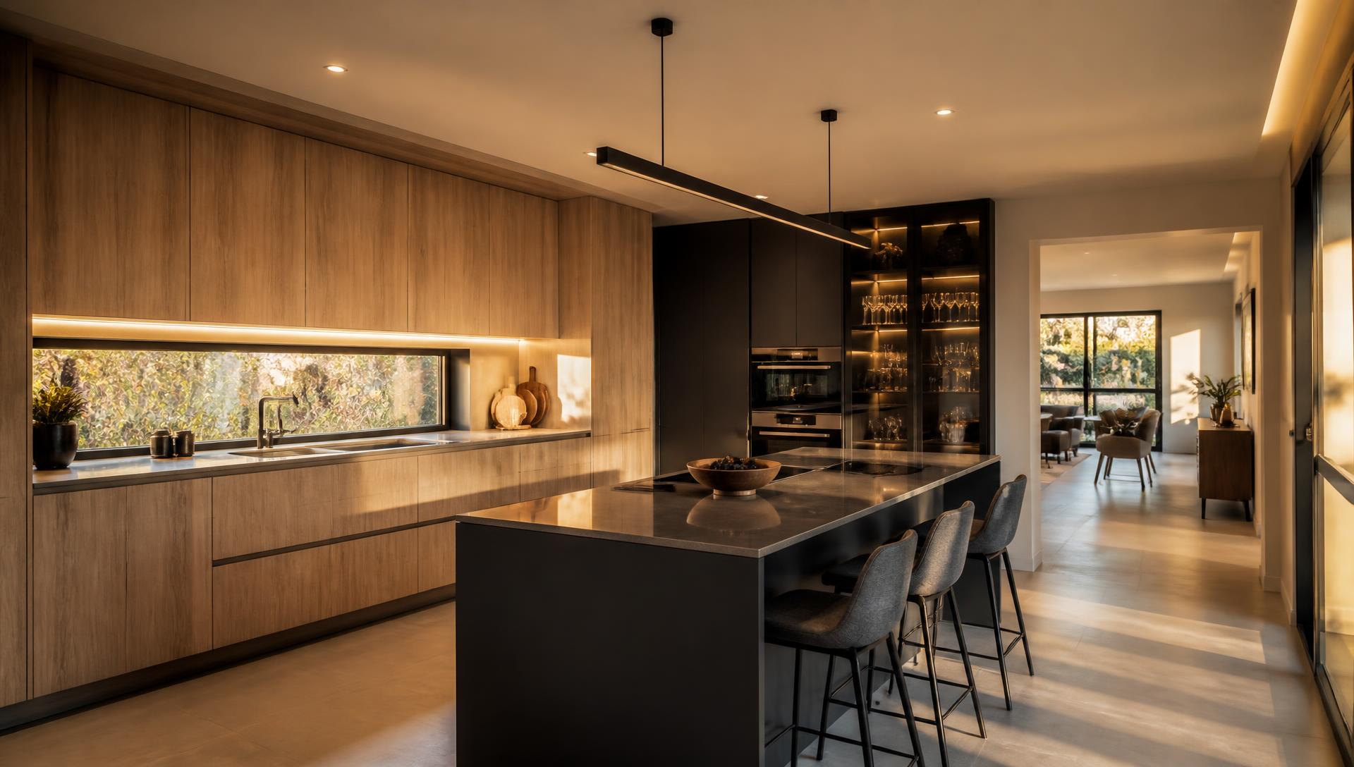 Luxury kitchen in Verzasca Oak woodgrain melamine with a matte charcoal island