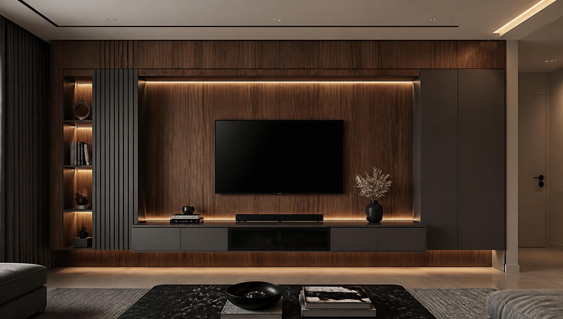 Floating TV wall unit in American Walnut woodgrain with storm grey matte panels