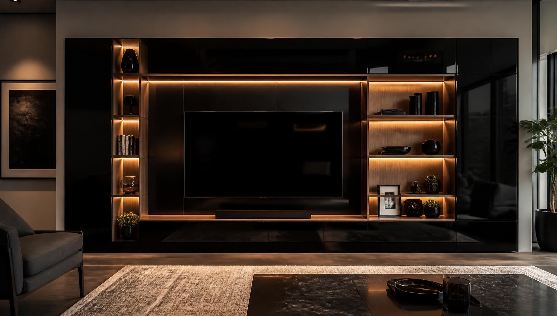 Media wall in Super Black high gloss panels with oak textured shelving
