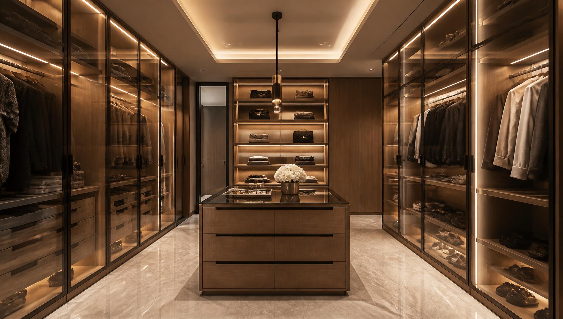 Walk-in wardrobe in oak woodgrain melamine with glass-front aluminium doors
