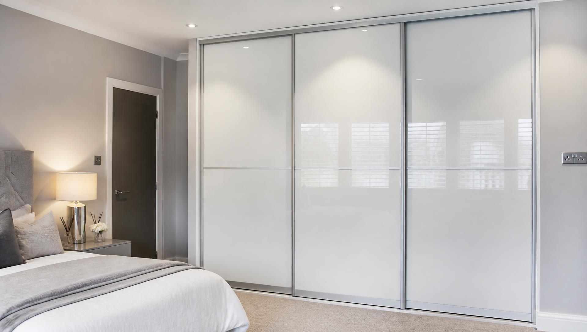 Built-in bedroom wardrobe with Iceberg White gloss sliding doors